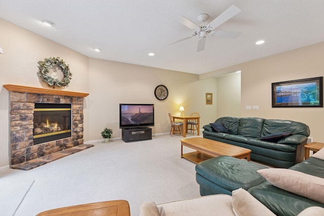 17462 Haralson Dr, Eden Prairie, MN 55347 - carpeted living room featuring a fireplace, ceiling fan, and recessed lighting
