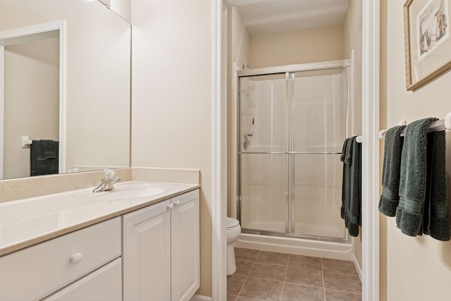 17462 Haralson Dr, Eden Prairie, MN 55347 - bathroom featuring a shower stall, vanity, tile patterned floors, and a textured ceiling