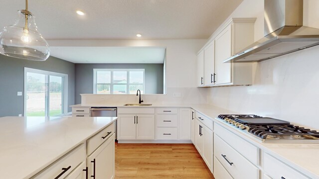 kitchen with wall chimney range hood, stainless steel appliances, a sink, recessed lighting, and light wood-style flooring