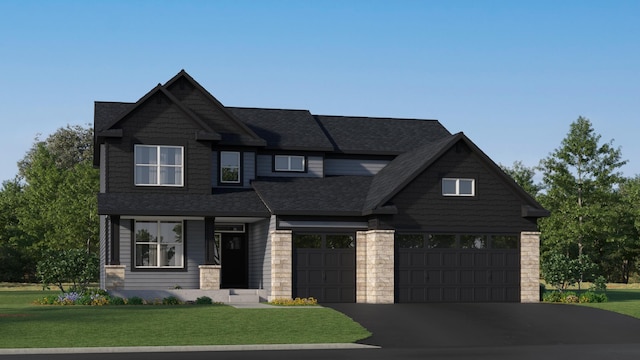 view of front of property with asphalt driveway, a front lawn, roof with shingles, and stone siding