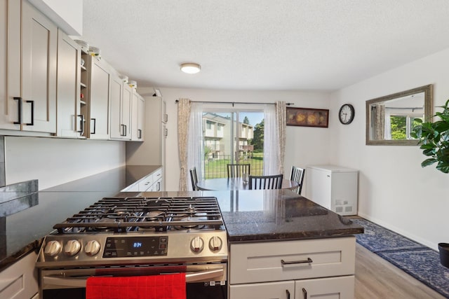 5624 Brookdale Dr N, Brooklyn Park, MN 55443 - kitchen with stainless steel range with gas cooktop, open shelves, light wood-style floors, a textured ceiling, and dark stone counters