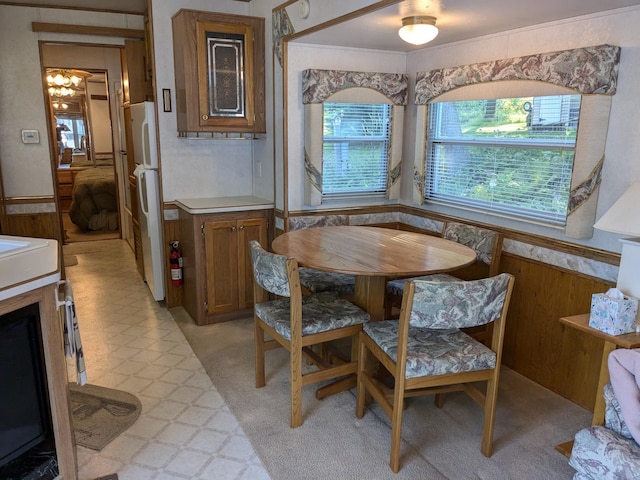 2221 Reubens Ln SW Unit 46, Farwell, MN 56327 - dining space featuring wainscoting, wooden walls, and light floors