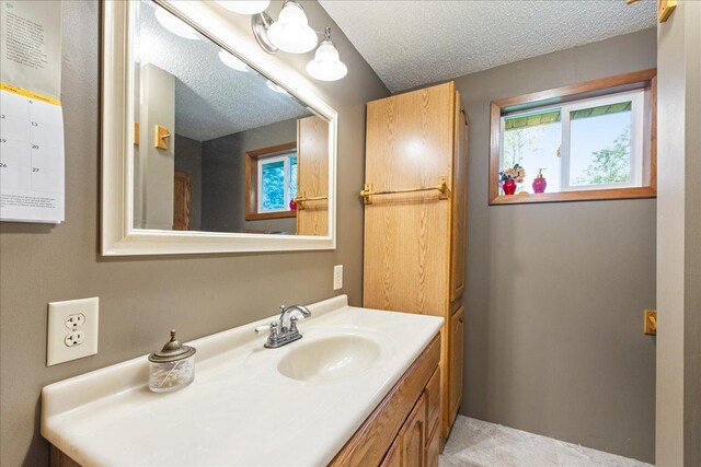 35318 Rice Rapids Rd, Bigfork Twp, MN 56628 - bathroom with vanity and a textured ceiling