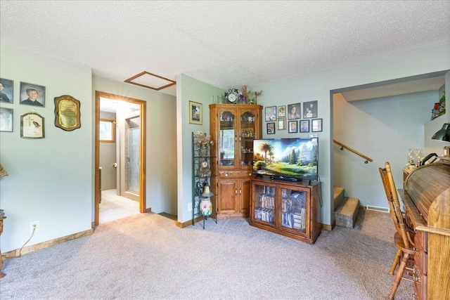 35318 Rice Rapids Rd, Bigfork Twp, MN 56628 - living area featuring carpet floors, a textured ceiling, baseboards, and attic access