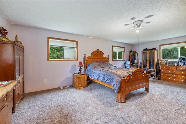 35318 Rice Rapids Rd, Bigfork Twp, MN 56628 - bedroom featuring multiple windows, light colored carpet, a textured ceiling, and a ceiling fan