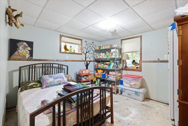 35318 Rice Rapids Rd, Bigfork Twp, MN 56628 - bedroom with a paneled ceiling and unfinished concrete floors