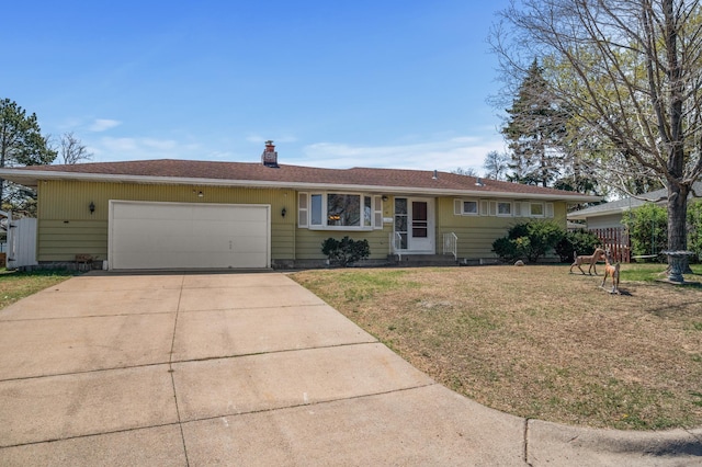 3007 66th Ave N, Brooklyn Center, MN 55429 - ranch-style home with concrete driveway, a garage, a front yard, and a chimney