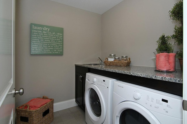 19587 Hammock Ave, Lakeville, MN 55044 - washroom featuring washing machine and dryer, a sink, light tile patterned floors, and baseboards