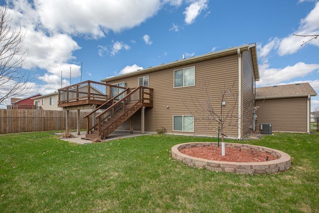 back of house with stairs, a deck, and central air condition unit