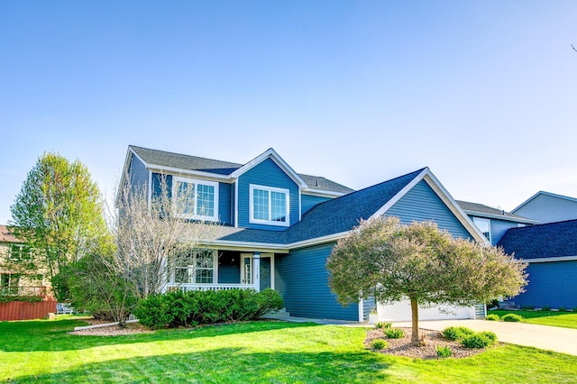 traditional-style house featuring concrete driveway, a front lawn, an attached garage, and covered porch