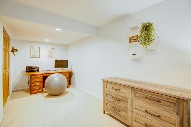 office featuring light colored carpet, recessed lighting, and baseboards