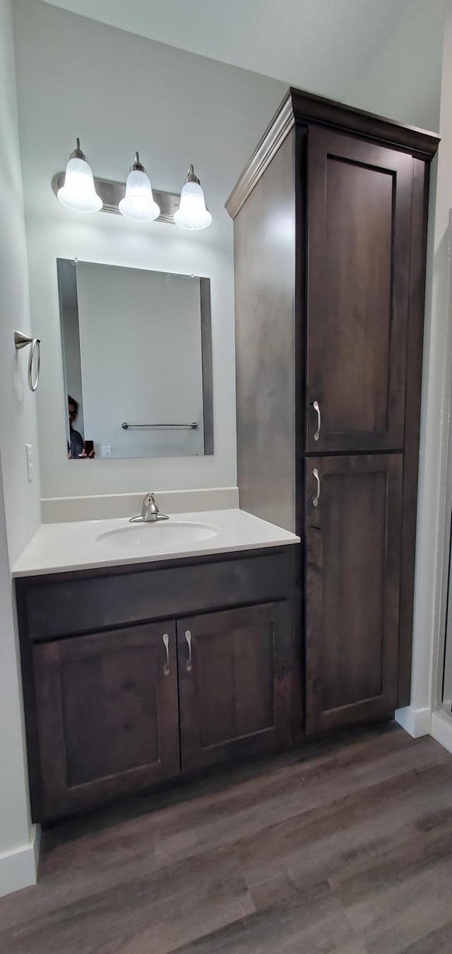 715 Lake Shore Dr NE Unit 108, Bemidji, MN 56601 - bathroom with wood finished floors, vanity, and baseboards