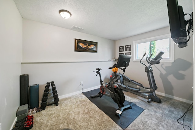 workout room with a textured ceiling, baseboards, and carpet flooring
