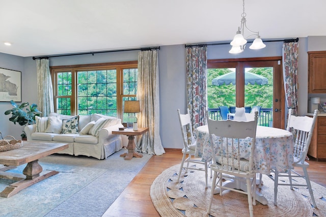 dining room featuring a chandelier, healthy amount of natural light, and light wood-style floors