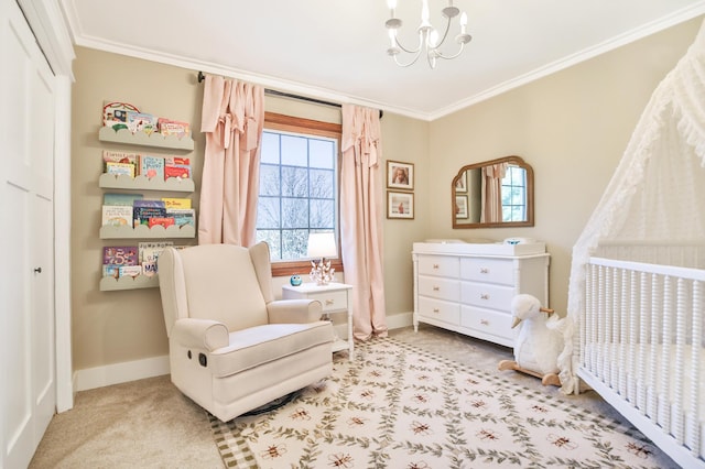 bedroom with carpet, baseboards, ornamental molding, and a chandelier