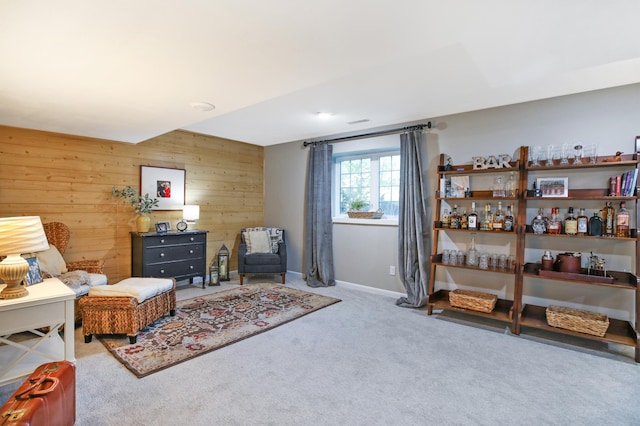 living area with wooden walls, carpet flooring, and baseboards