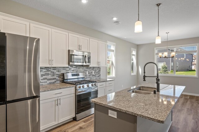 kitchen featuring appliances with stainless steel finishes, a sink, decorative backsplash, light wood finished floors, and a center island with sink