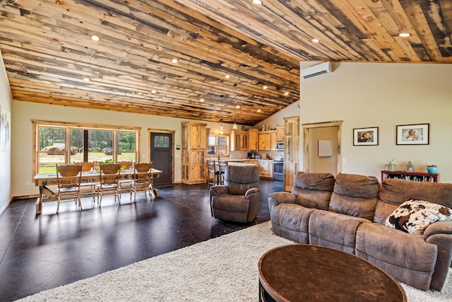 living area with a wall mounted AC, recessed lighting, baseboards, lofted ceiling, and wood ceiling