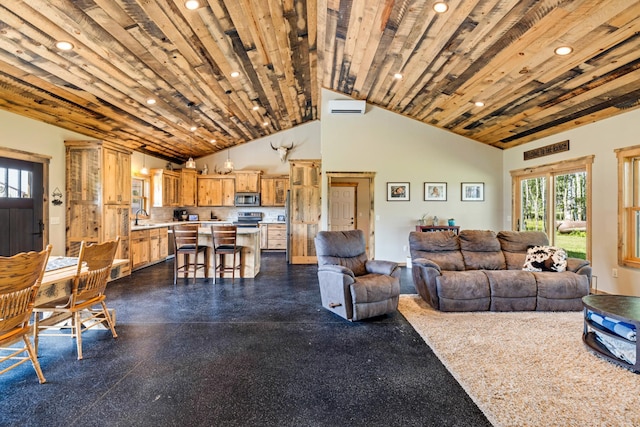 living room featuring recessed lighting and high vaulted ceiling