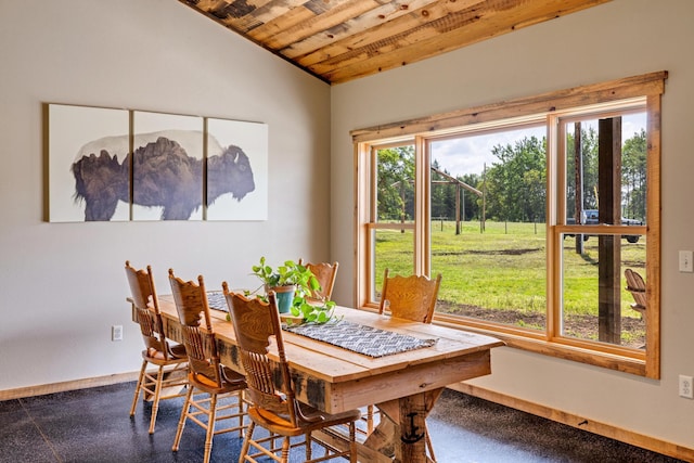 dining room featuring wooden ceiling and vaulted ceiling