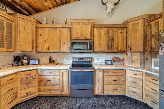 kitchen featuring appliances with stainless steel finishes, tasteful backsplash, wooden ceiling, and vaulted ceiling