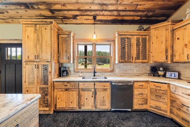 kitchen with dishwasher, a sink, light countertops, wooden ceiling, and hanging light fixtures