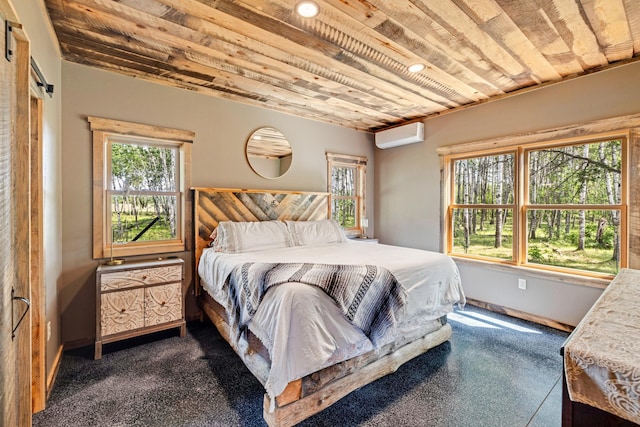 bedroom featuring dark carpet, a wall mounted AC, wood ceiling, baseboards, and recessed lighting