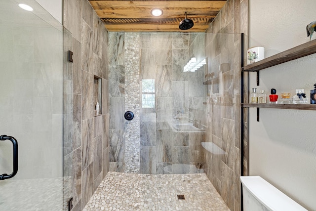 full bathroom with a shower stall and toilet