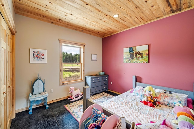 bedroom featuring wooden ceiling and recessed lighting