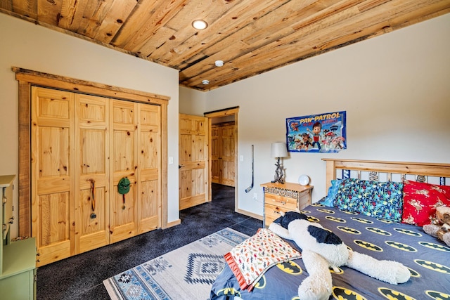 bedroom featuring wood ceiling, recessed lighting, and dark colored carpet