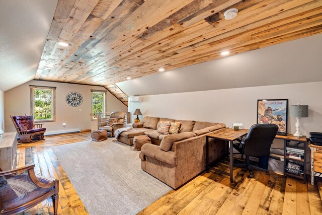 living room featuring a baseboard radiator, light wood finished floors, lofted ceiling, an office area, and baseboards