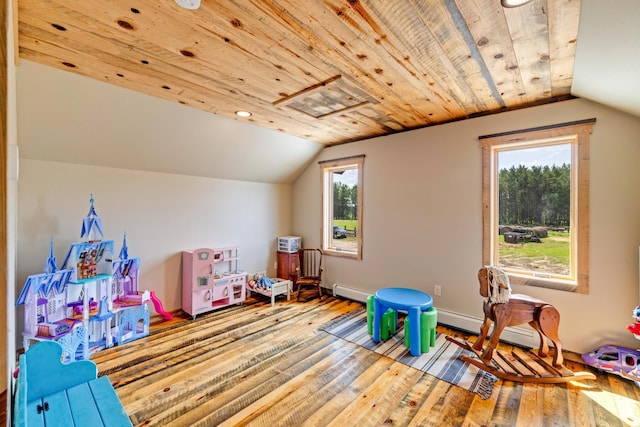game room with vaulted ceiling, hardwood / wood-style floors, wooden ceiling, and a baseboard heating unit