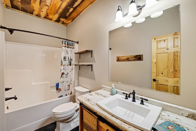 bathroom with wood ceiling, toilet, shower / bathtub combination with curtain, and vanity