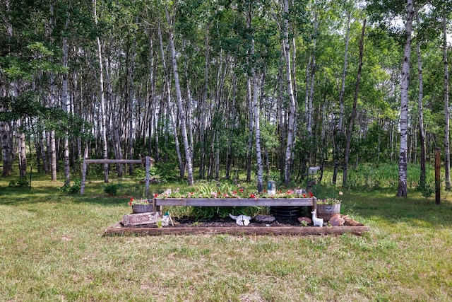 view of grassy yard with a view of trees