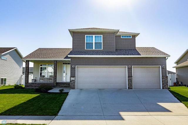 craftsman house featuring covered porch, a front lawn, driveway, an attached garage, and a shingled roof