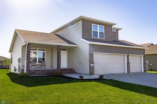view of front of property featuring covered porch, a front yard, concrete driveway, and an attached garage
