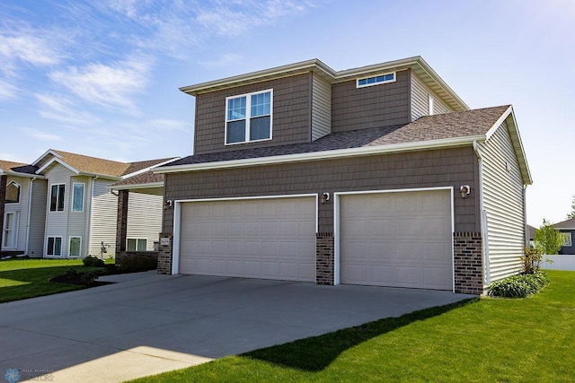 view of front of home with brick siding, a front lawn, a garage, concrete driveway, and roof with shingles