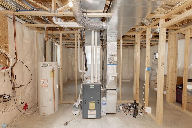 unfinished basement featuring water heater and heating unit