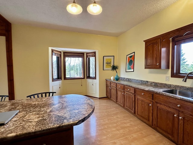 29441 108th St NW, Princeton, MN 55371 - kitchen with a sink, dark countertops, light wood finished floors, and a textured ceiling