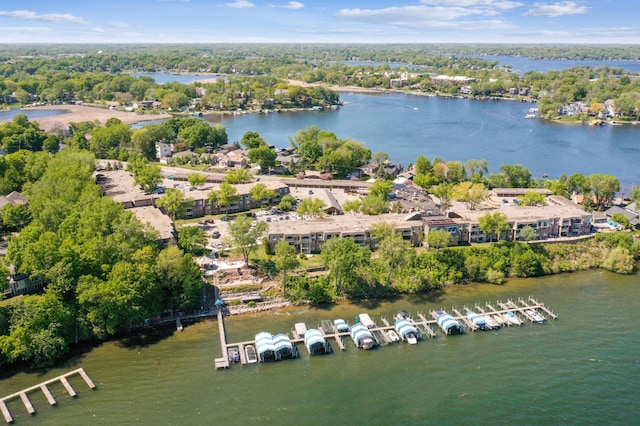 aerial view of a nearby body of water and a tree filled landscape
