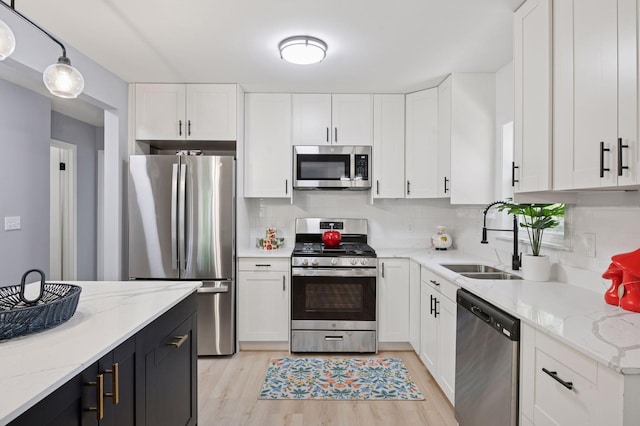 3544 Lee Ave N, Crystal, MN 55422 - kitchen featuring appliances with stainless steel finishes, a sink, white cabinetry, and dark cabinetry