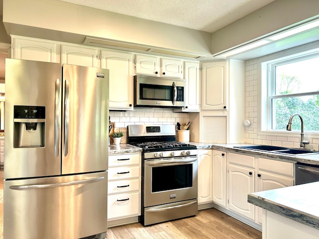 kitchen with appliances with stainless steel finishes, a sink, light wood-type flooring, backsplash, and a textured ceiling