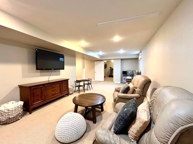 carpeted living room with recessed lighting