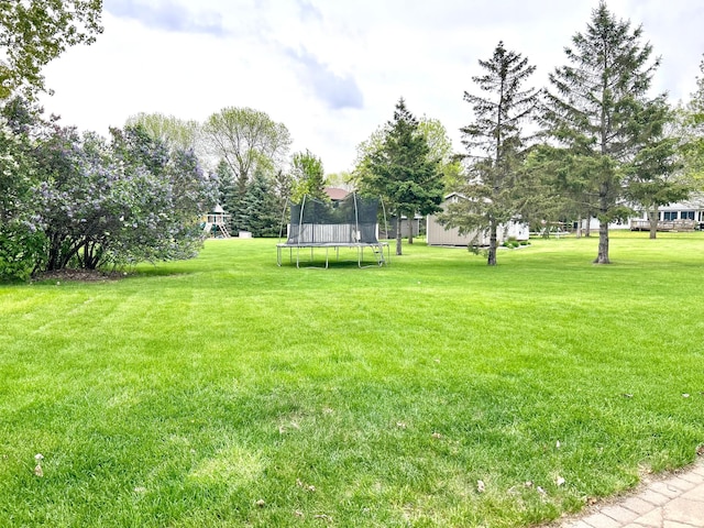 view of grassy yard featuring a trampoline, a playground, and an outdoor structure
