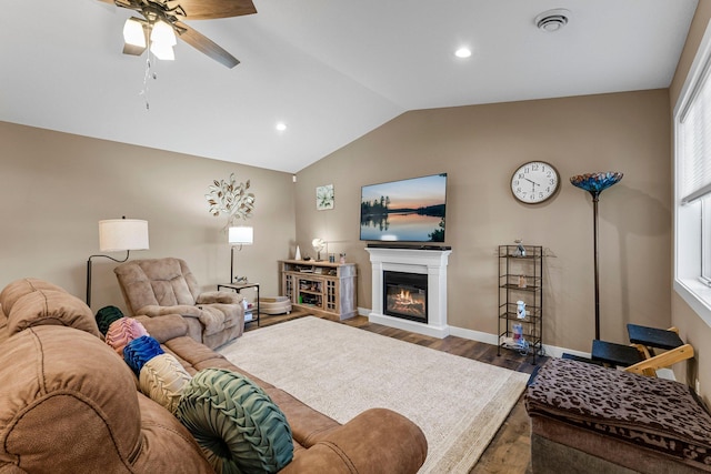 38760 Maple Ct, North Branch, MN 55056 - living room with ceiling fan, lofted ceiling, wood finished floors, baseboards, and recessed lighting