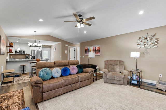 38760 Maple Ct, North Branch, MN 55056 - living area with wood finished floors, lofted ceiling, ceiling fan, recessed lighting, and baseboards