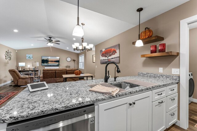 38760 Maple Ct, North Branch, MN 55056 - kitchen with dishwasher, dark wood finished floors, a sink, light stone countertops, and white cabinetry