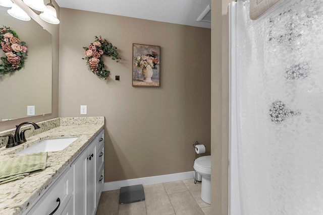 38760 Maple Ct, North Branch, MN 55056 - full bathroom with vanity, baseboards, a shower with curtain, tile patterned flooring, and toilet