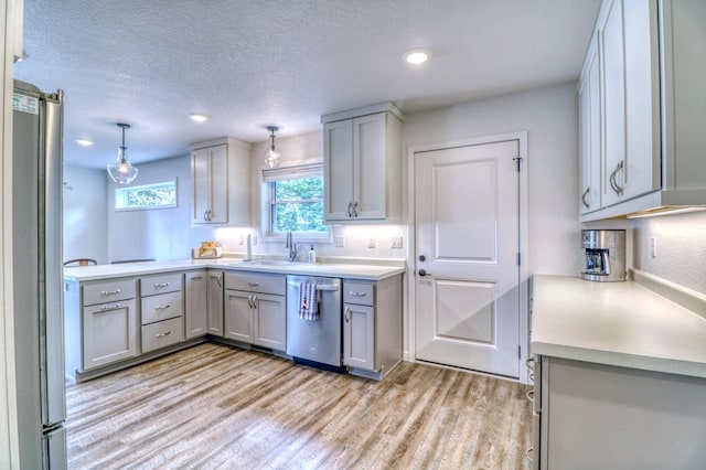 26533 Paradise Point Rd, Detroit Lakes, MN 56501 - kitchen featuring appliances with stainless steel finishes, gray cabinets, light wood-style flooring, a sink, and a textured ceiling