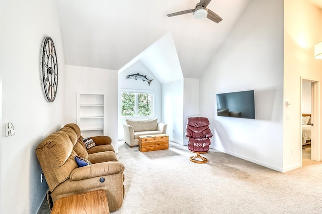 26533 Paradise Point Rd, Detroit Lakes, MN 56501 - carpeted living room featuring vaulted ceiling, ceiling fan, and baseboards
